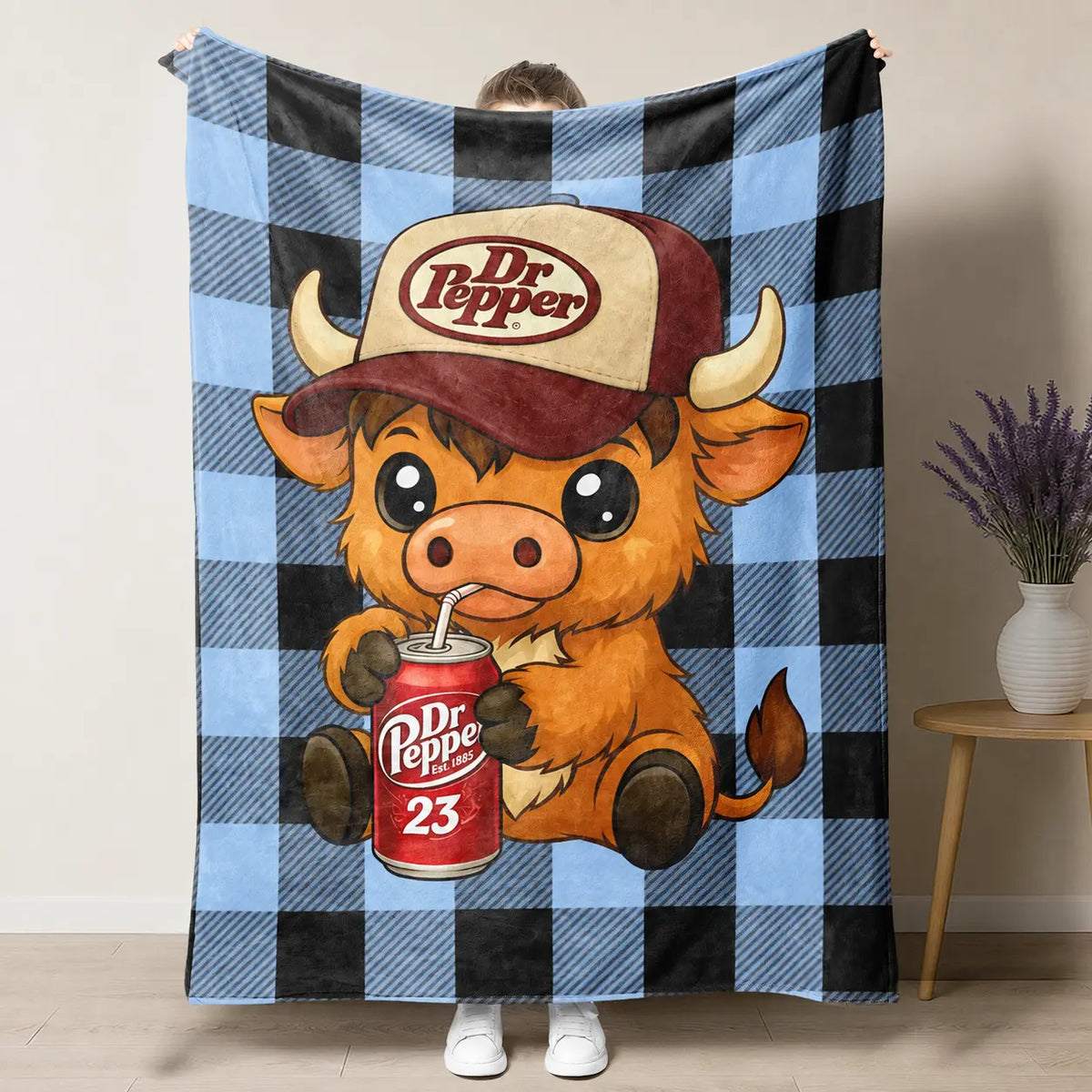Highland Cow in Hat Cute Pattern Dr Pepper Flannel Throw Blanket - Red and Black Checkerboard Pattern Blanket, 1 Count Soft Lightweight Warming Bedding, Machine Washable for Easy Upkeep,sohochic