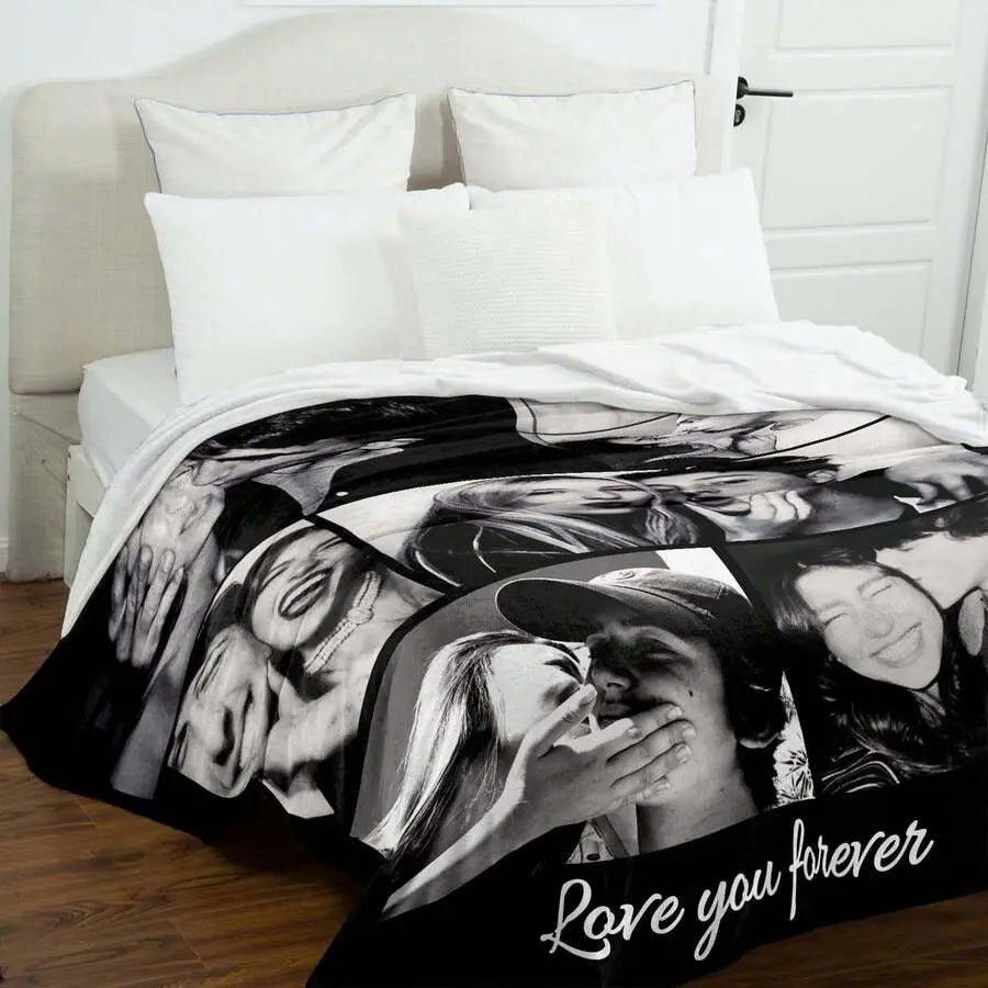 Custom 6-Photo Black and White Flannel Collage Blanket - Personalized Couple-Themed Throw with "Love You Forever" Text, Modern Romance Soft Cozy Couch Blanket, Cute Gifts for BF, GF Gift for Boyfriend, sohochic