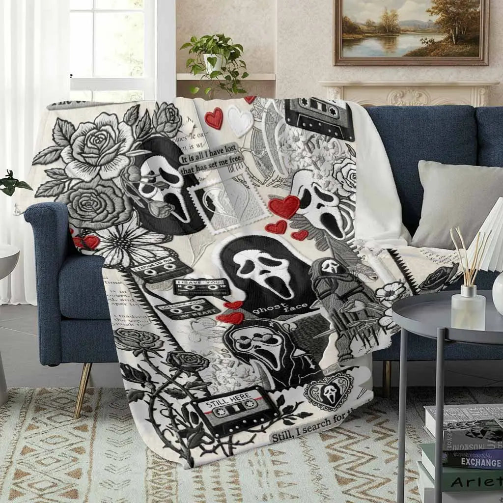 Ghost Face Roses Floral Cassette Embroidery Flannel Blanket - Soft, Warm, Lightweight, Wrinkle Resistant, Art Print Throw with Floral Accents & Face Print Option, Bedroom Decor, Halloween Decorations, House Decor Gift,sohochic