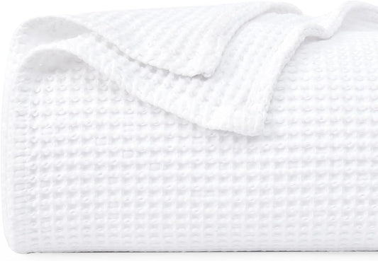 PHF 100% Cotton Waffle Blanket Lightweight Breathable, Twin Size, White