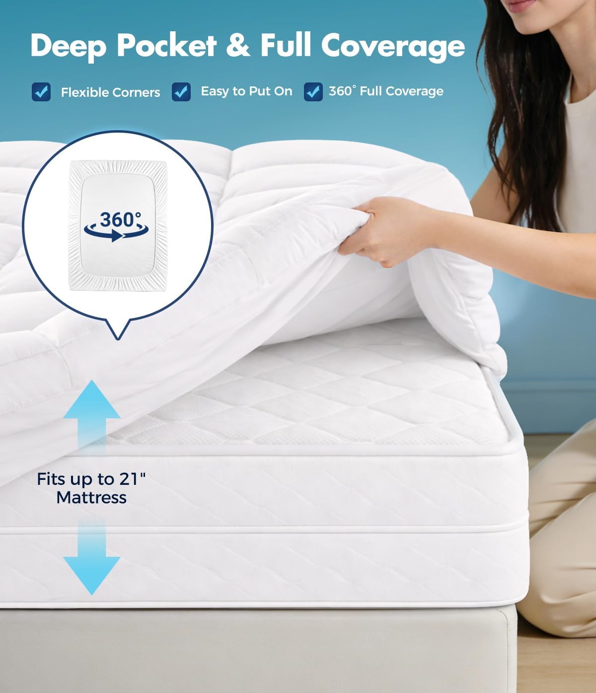 Fracho Queen Cotton Mattress Topper, Extra Thick Pillow Top Mattress Pad