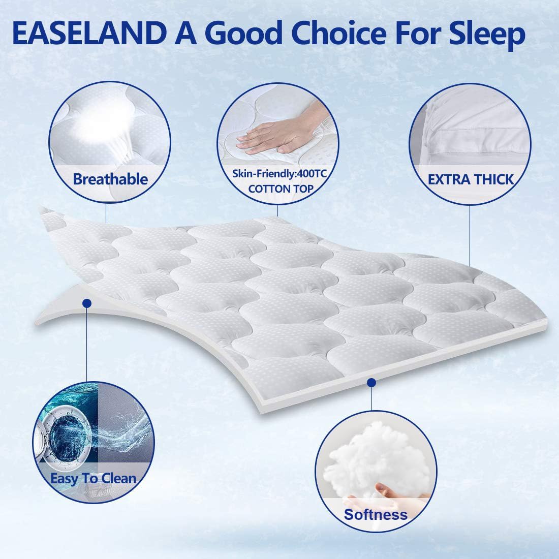 EASELAND Queen Size Mattress Topper Pillow Top Mattress Cover Quilted Fitted Mattress Protector Cotton Top 8-21" Deep Pocket Extra Thick Mattress Pad (60x80 Inches, White)