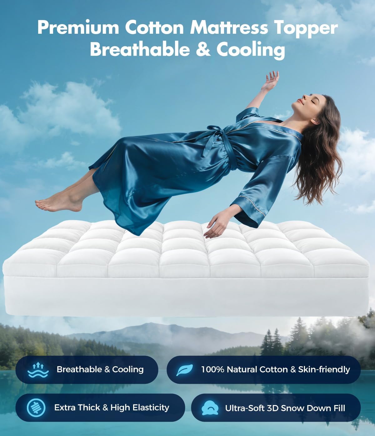 Fracho Queen Cotton Mattress Topper, Extra Thick Pillow Top Mattress Pad