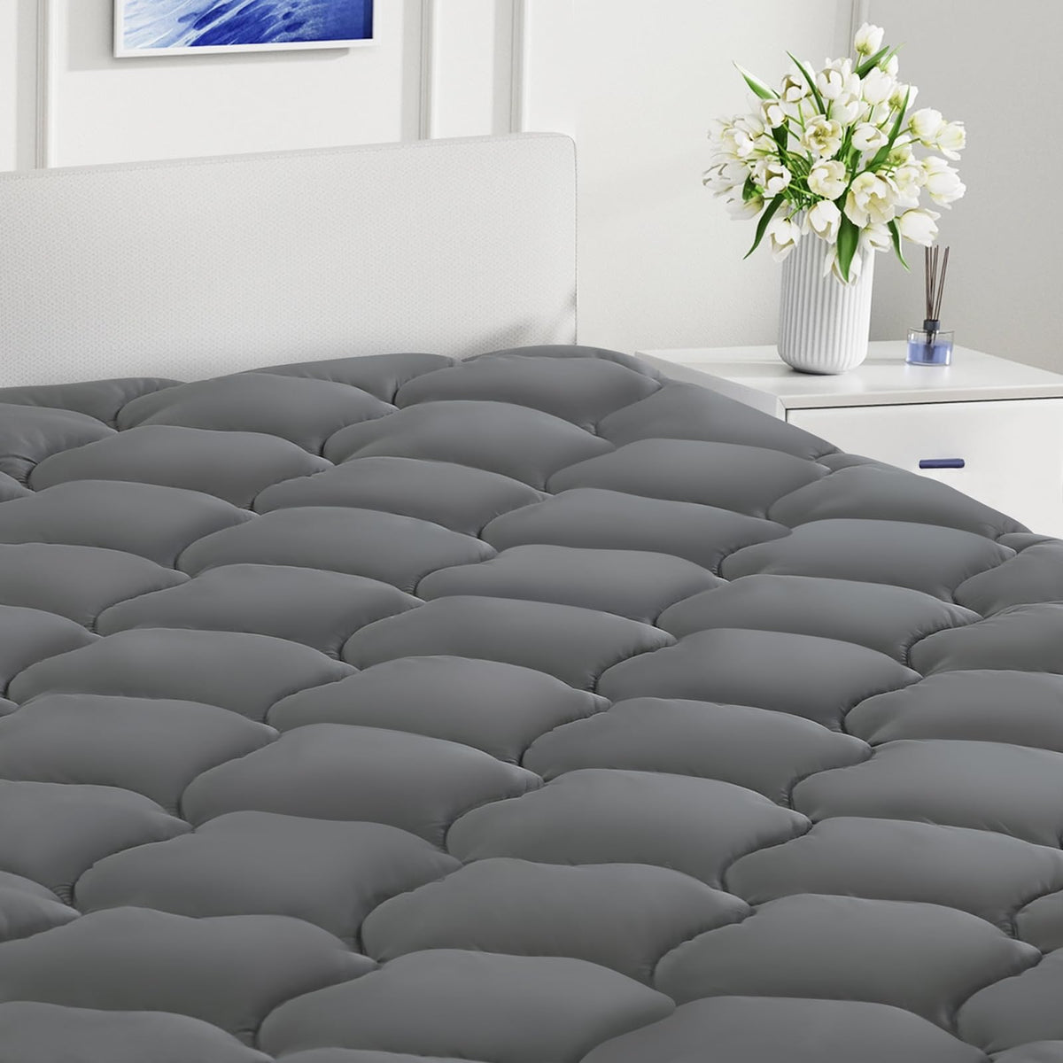 LEISURE TOWN Cotton Queen Mattress Pad Fitted Quilted Mattress Cover,White