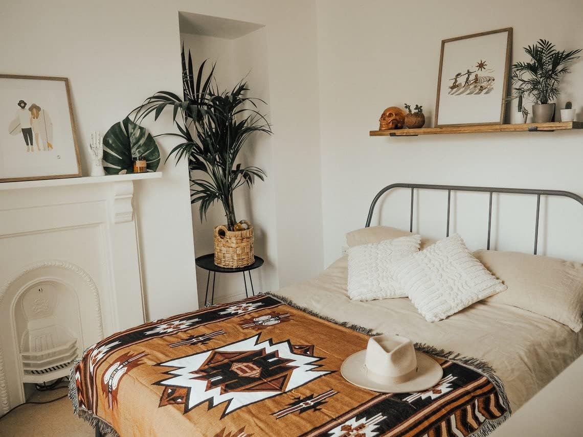Aztec Throw Blanket Native American Blanket Southwestern Boho Decor Reversible Woven Tassels Mexican Blankets and Throws for Couch Bed Chair Wall Livingroom Outdoor Travel Brown 63"x87"