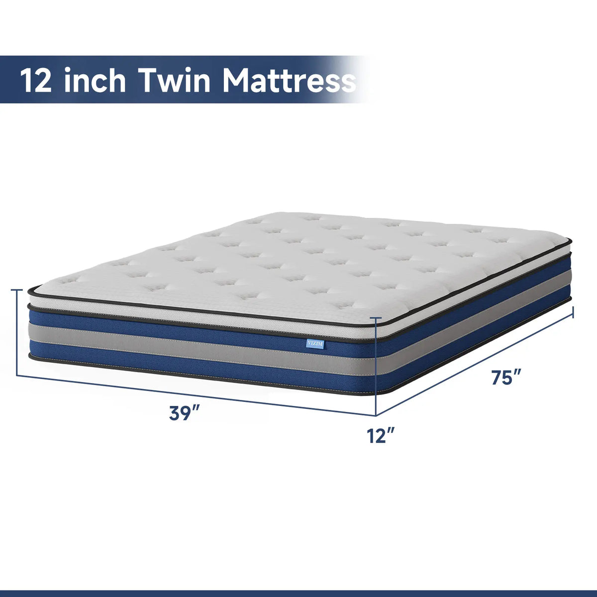 VIZIM Quilted Hybrid Mattress (10/12 in) - Twin, Full, Queen Sizes, Durable Memory Foam & Individual Pocket Springs, Medium Firm High Quality Foam Filling, CertiPUR-US Certified, Pressure Relief, Motion Isolation, Lumbar Support, Boxed Outlet Pick,sohochi