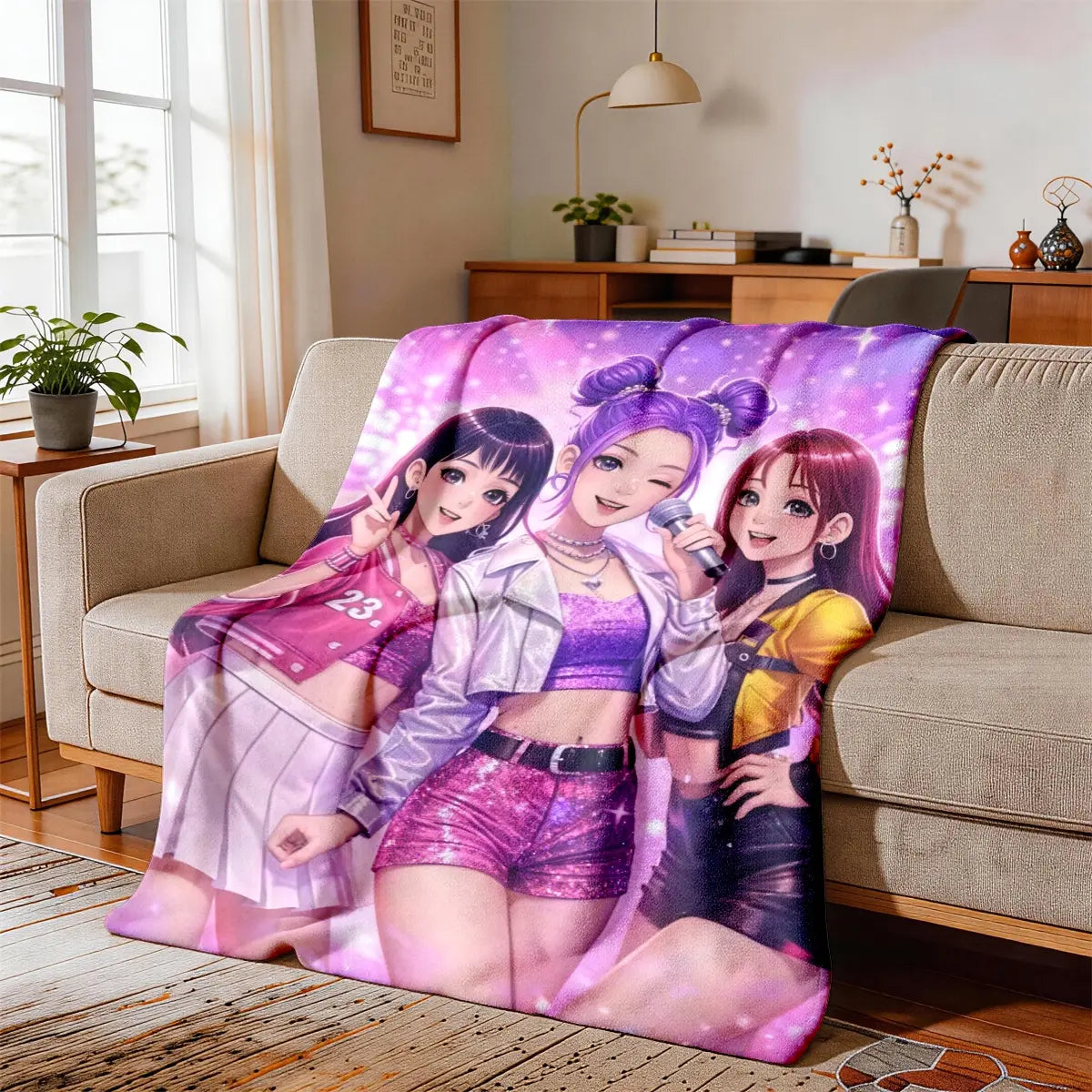 K-Pop Girl Group Illustration Flannel Blanket, Soft Blanket Throw, Large Size, Soft and Lightweight, Perfect for All Seasons, Ideal for Bed, Sofa, Office, Camping, Travel
