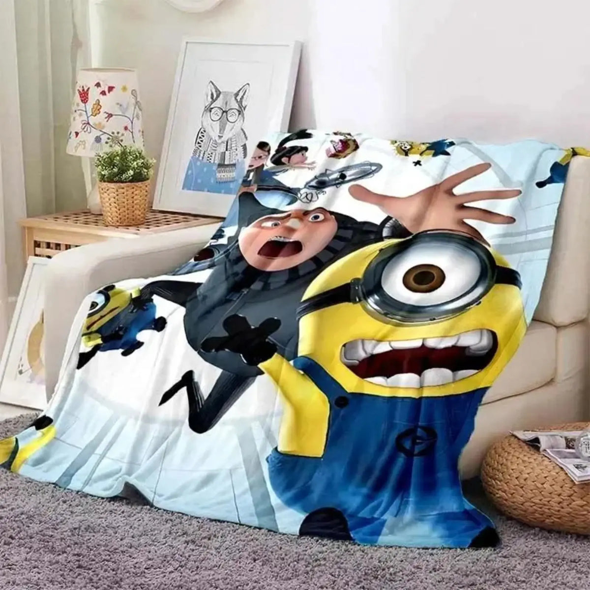 Cute Minions Printed Flannel Blanket 6 Sizes Soft Cozy Lightweight AC Throw Blanket Kids Adults Sofa Bed Bedroom Living Room Outdoor Travel Cartoon Bedding Movie Night Home Decor Gift Halloween Christmas Birthday Viral Blanket