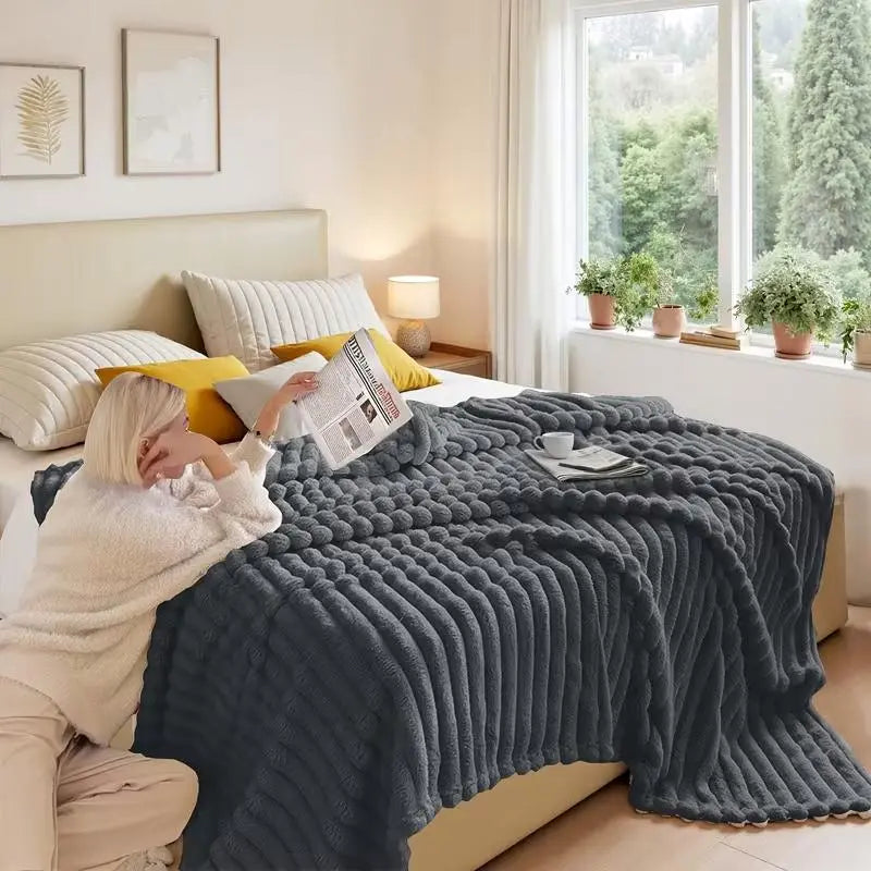 Luxurious Faux Rabbit Fur Striped Blanket - Ultra Soft 2m x 2.3m Flannel Throw for Soft Girl Bedroom - Warm Sensorial Immersion Blanket for All-Season Home Decor - High-Texture Cozy Nap Blanket for Couch & Travel #SoftGirl #CozyVibes #HomeFinds