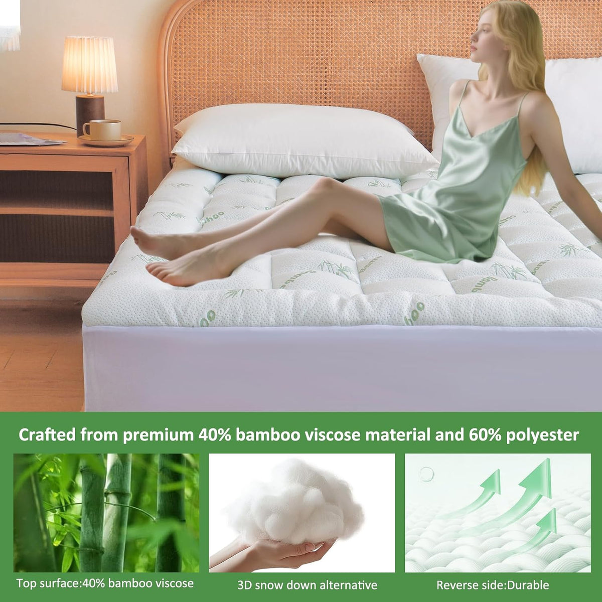Cooling Mattress Topper Queen – Extra Soft Pillow Top Mattress Pad, Breathable Viscose Made from Bamboo Mattress Protector for Back Pain Relief, Deep Pocket Cover Fits 8–21 Inch