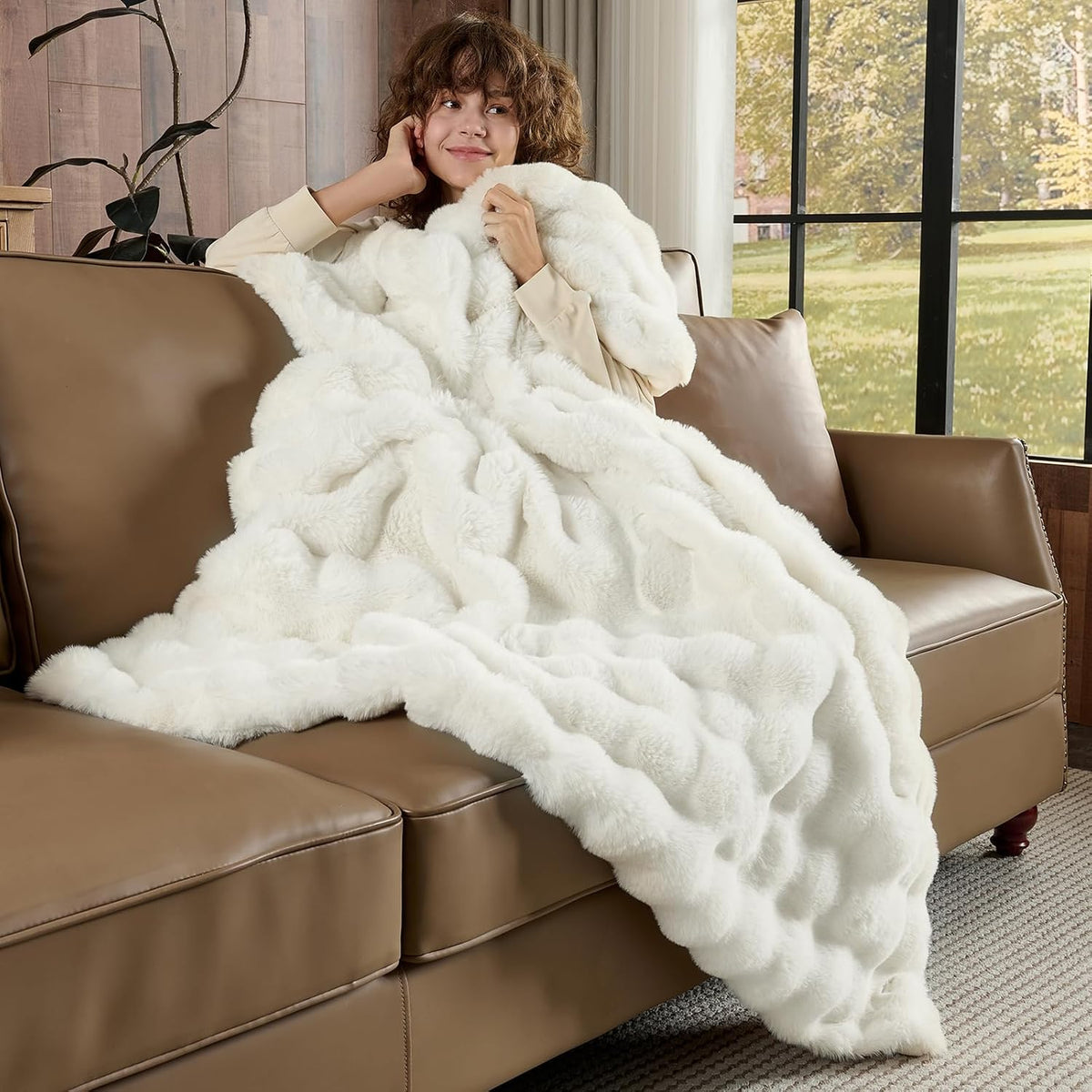 Lotus Karen Faux Fur Blanket - Cream White Twin Size, Big Bubble Rabbit Fluff, 60x80 Inches