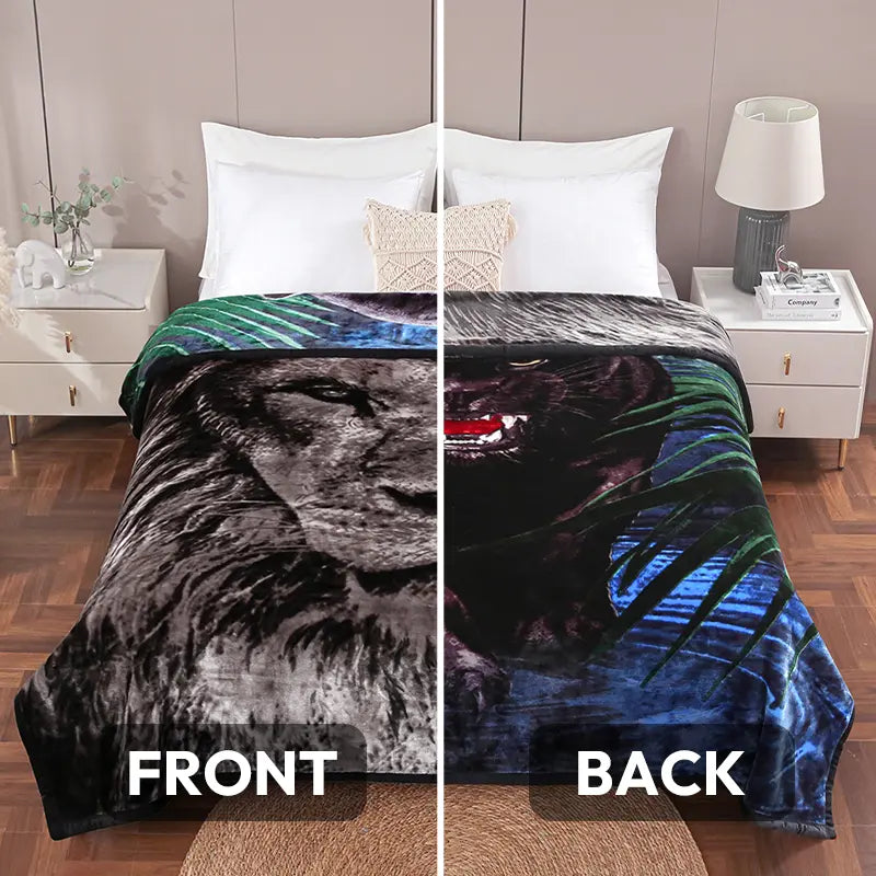 Queen Size Soft 2-Ply 520 GSM Reversible Plush Fleece Blanket, Floral Peony Motif Print, Modern Warm Bedding for Bed/Sofa, Hand Wash Only