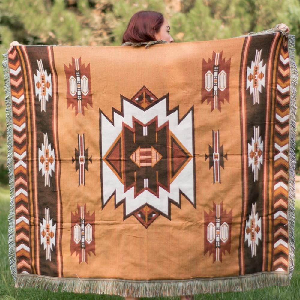 Aztec Throw Blanket Native American Blanket Southwestern Boho Decor Reversible Woven Tassels Mexican Blankets and Throws for Couch Bed Chair Wall Livingroom Outdoor Travel Brown 63"x87"
