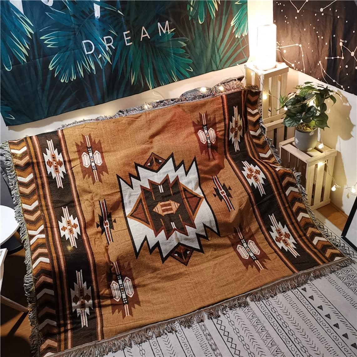 Aztec Throw Blanket Native American Blanket Southwestern Boho Decor Reversible Woven Tassels Mexican Blankets and Throws for Couch Bed Chair Wall Livingroom Outdoor Travel Brown 63"x87"