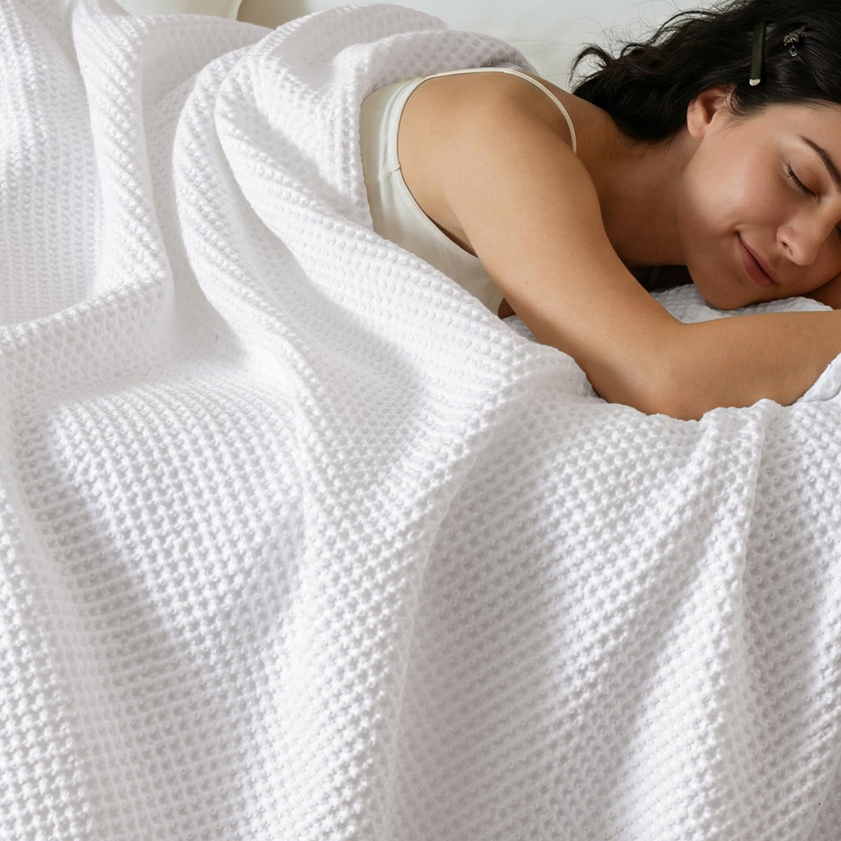 PHF 100% Cotton Waffle Blanket Lightweight Breathable, Twin Size, White