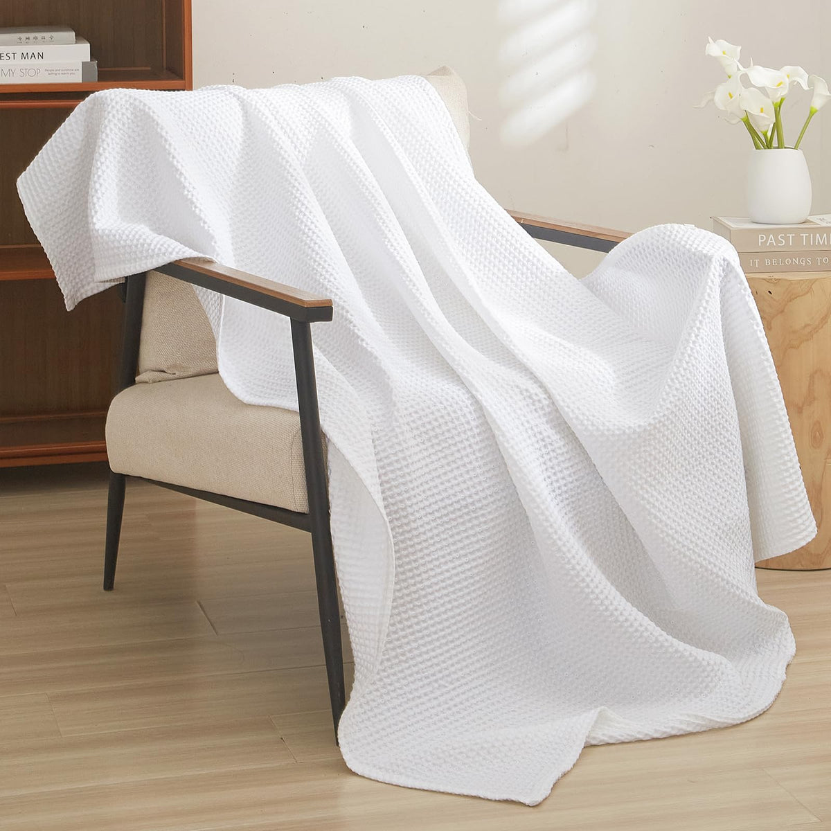 PHF 100% Cotton Waffle Blanket Lightweight Breathable, Twin Size, White