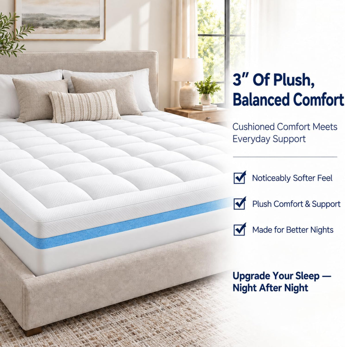 ELEMUSE 3 Inch Queen Dual Layer Memory Foam Mattress Topper with Pillowtop