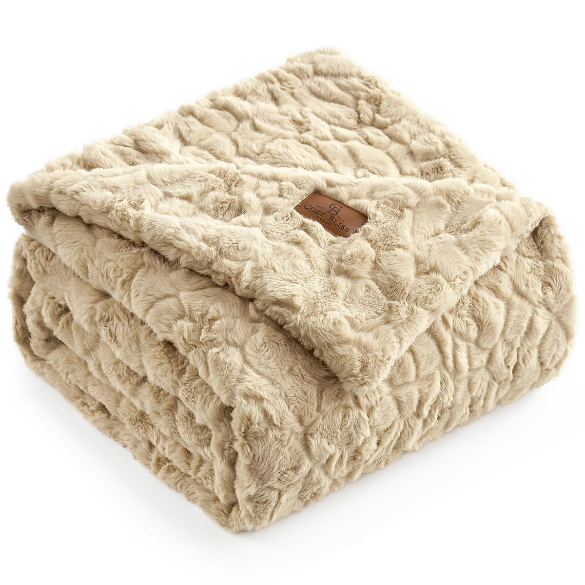 Cozy Bliss Faux Fur Throw Blanket for Couch, Fuzzy Soft Plush Thick Warm Fluffy Reversible Wave Textured Blanket for Sofa Bedroom Living Room, 55 * 70 Inches Cream White