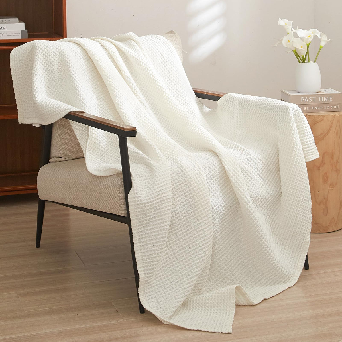PHF 100% Cotton Waffle Blanket Lightweight Breathable, Twin Size, White