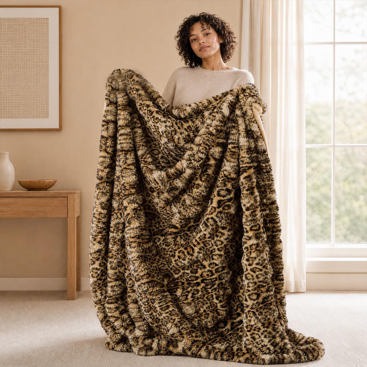 Lotus Karen Faux Fur Blanket - Cream White Twin Size, Big Bubble Rabbit Fluff, 60x80 Inches