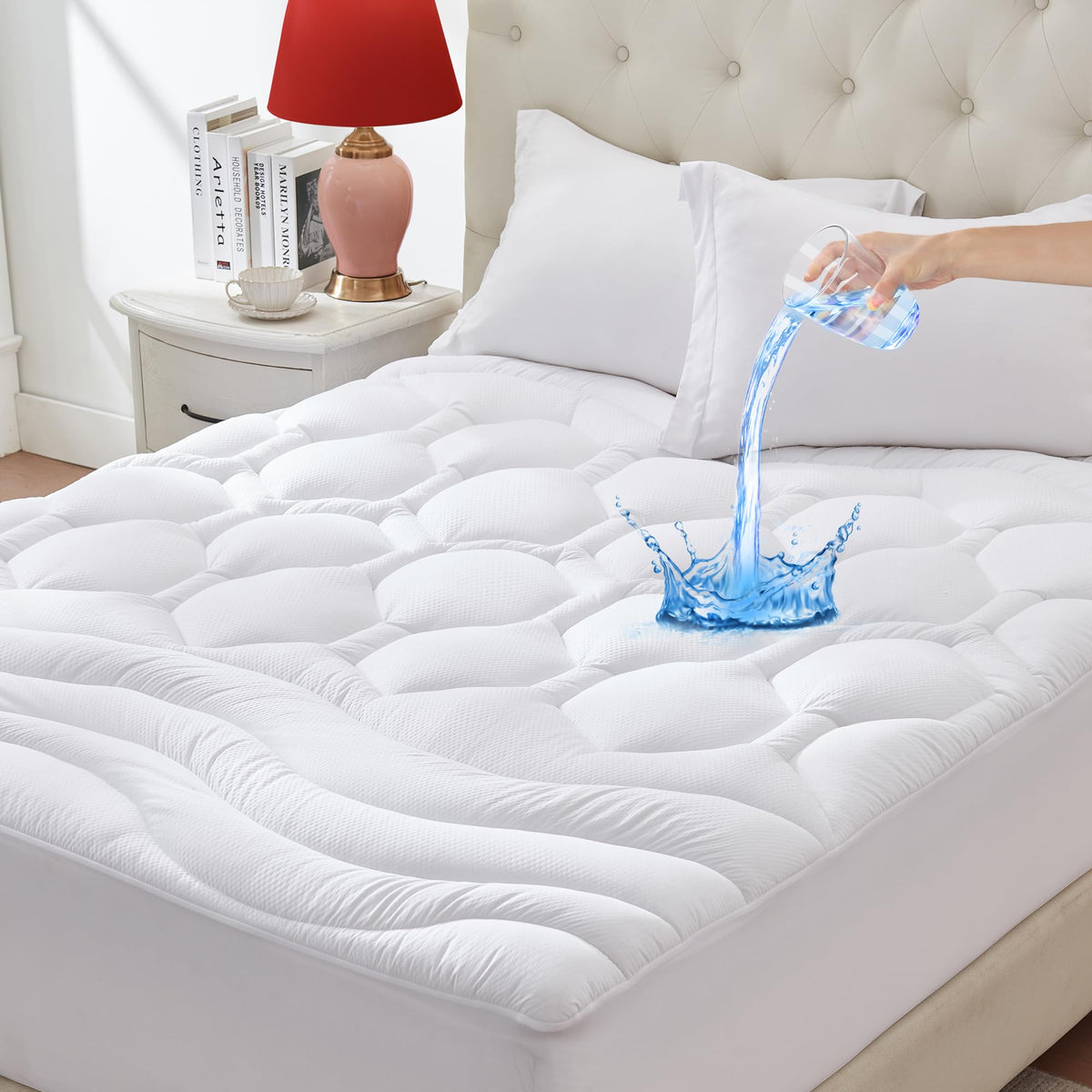 ELVEN HOME Queen Size Mattress Pad Waterproof, Pillow Top Cooling Mattress Topper Cover, Quilted Fitted Mattress Protector Washable, Deep Pocket 8-21" (60x80 inch, Black)