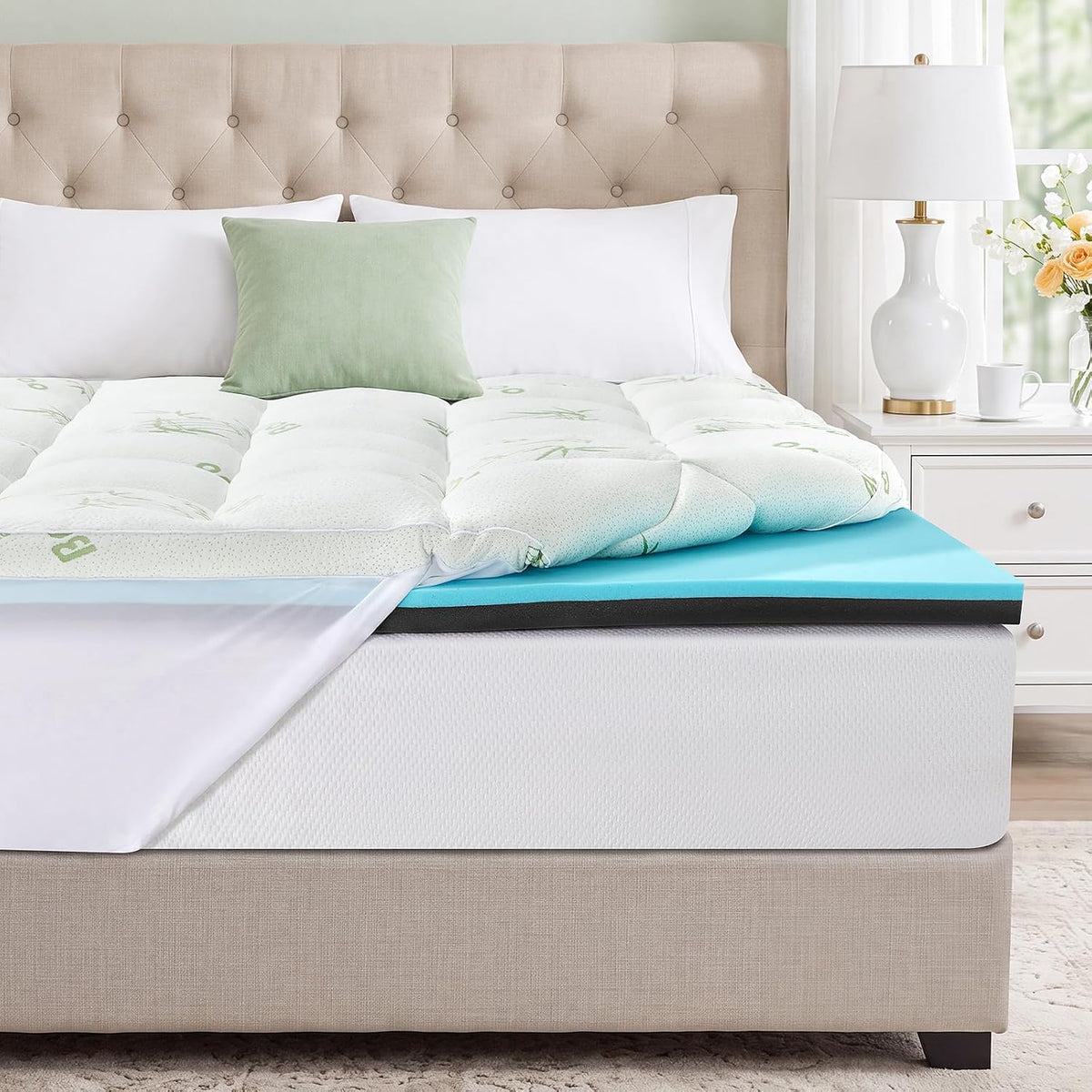 MASVIS 4 Inch Queen Mattress Topper, 2-in-1 Dual Layer Design, 2" Gel Memory Foam and 2" Pillow Top Mattress Pad Cover, Viscose Made from Bamboo, Pressure Relief & Medium Firm Support
