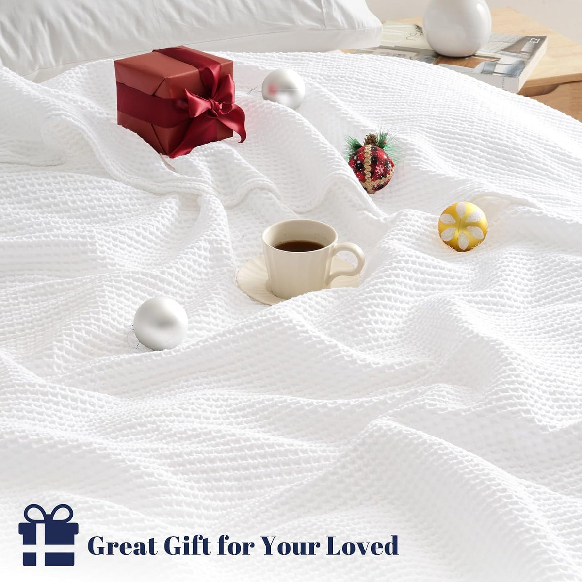 PHF 100% Cotton Waffle Blanket Lightweight Breathable, Twin Size, White