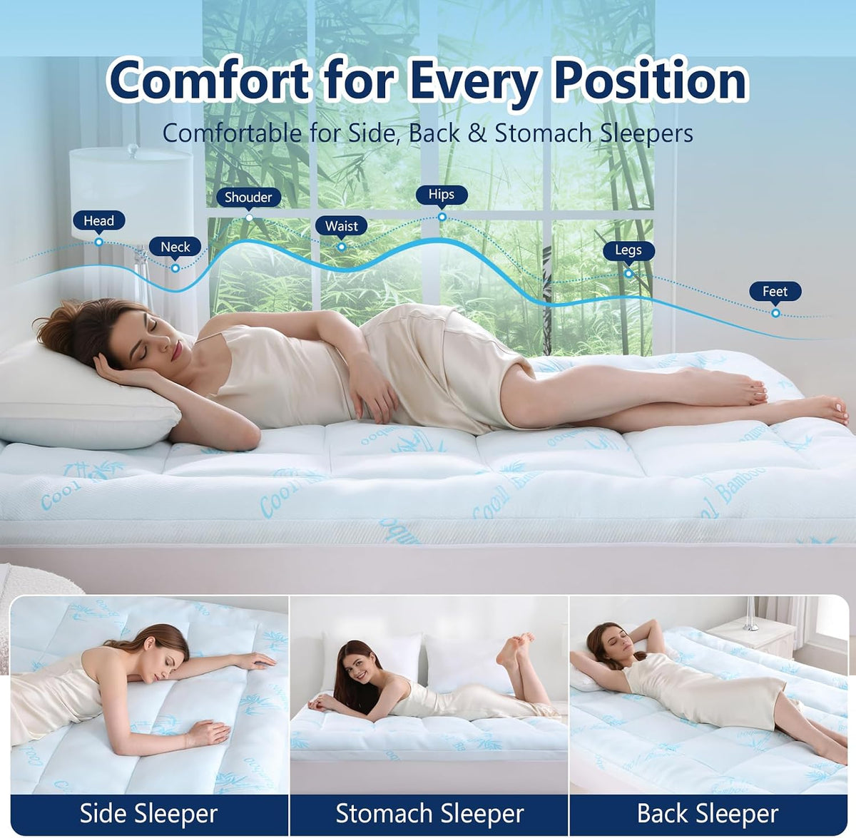 DOWNCOOL 100% Waterproof Queen Mattress Topper, Viscose Derived from Bamboo