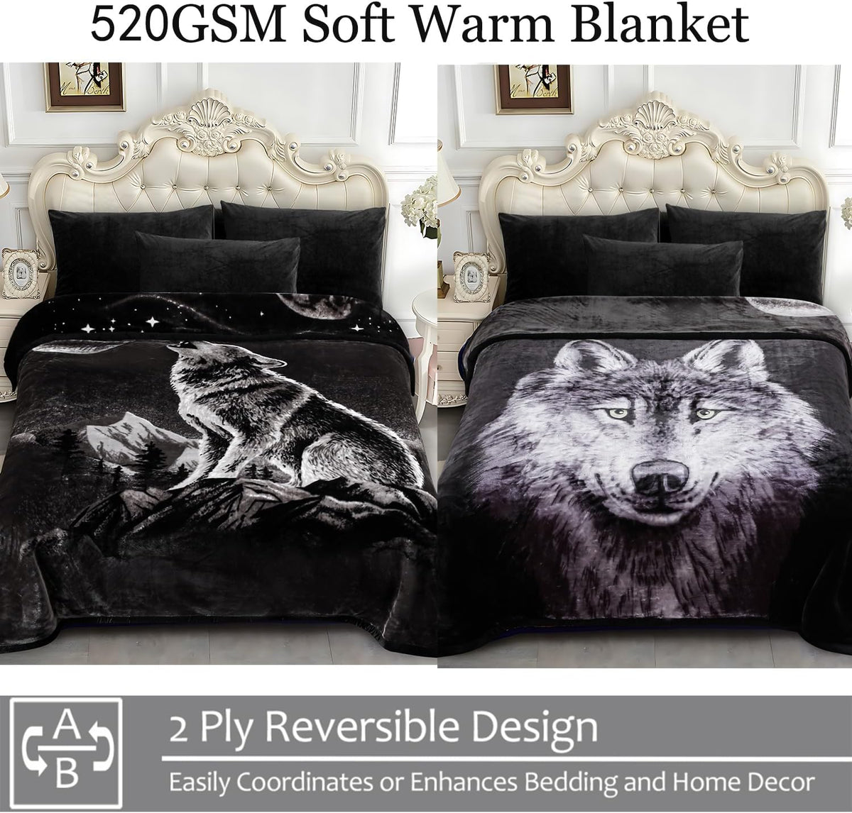 JYK Wolf Blanket Korean Style Queen Size Fleece Bed Blanket, 520GSM 2 Ply