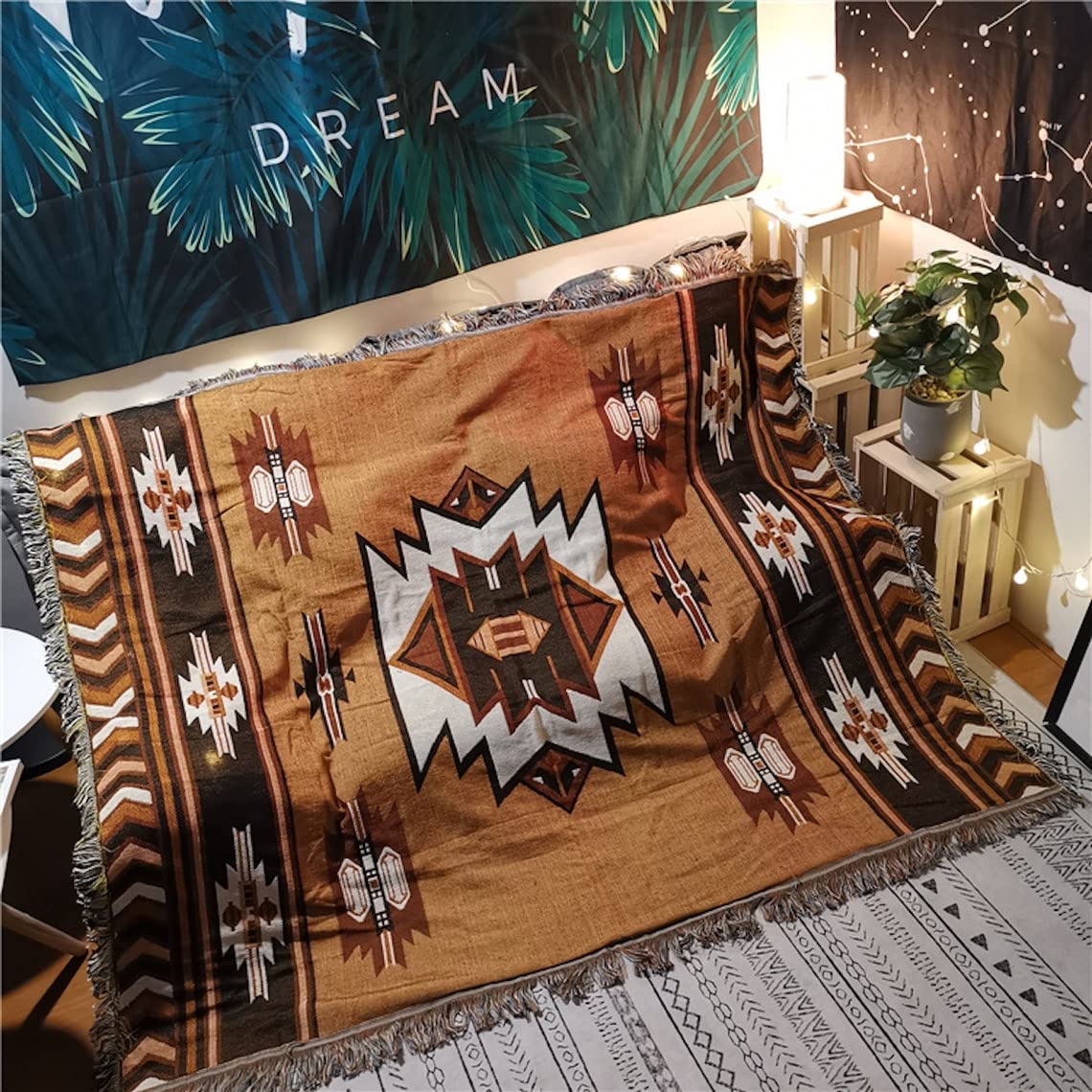Aztec Throw Blanket Native American Blanket Southwestern Boho Decor Reversible Woven Tassels Mexican Blankets and Throws for Couch Bed Chair Wall Livingroom Outdoor Travel Brown 63"x87"