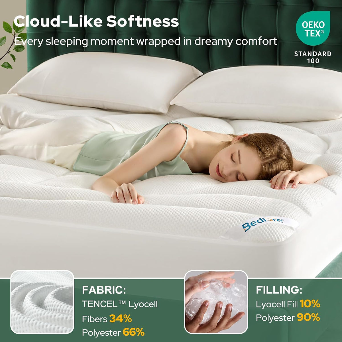 BEDLORE Queen Mattress Topper, Soft Tencel™ Blend Pillow Top Mattress Pad