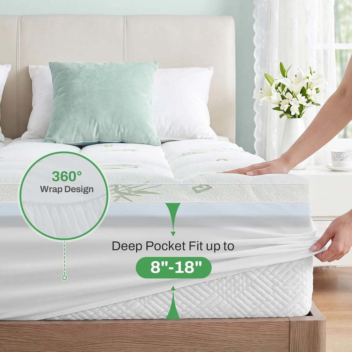 MASVIS 4 Inch Queen Mattress Topper, 2-in-1 Dual Layer Design, 2" Gel Memory Foam and 2" Pillow Top Mattress Pad Cover, Viscose Made from Bamboo, Pressure Relief & Medium Firm Support