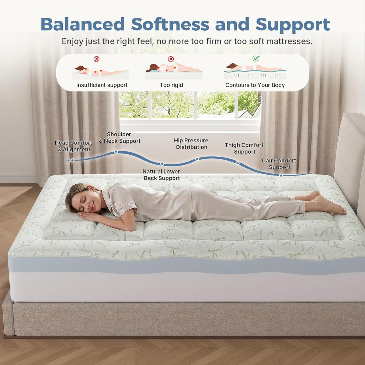 DUMOS Queen 3in Dual Layer Gel Memory Foam Bamboo Rayon Mattress Topper