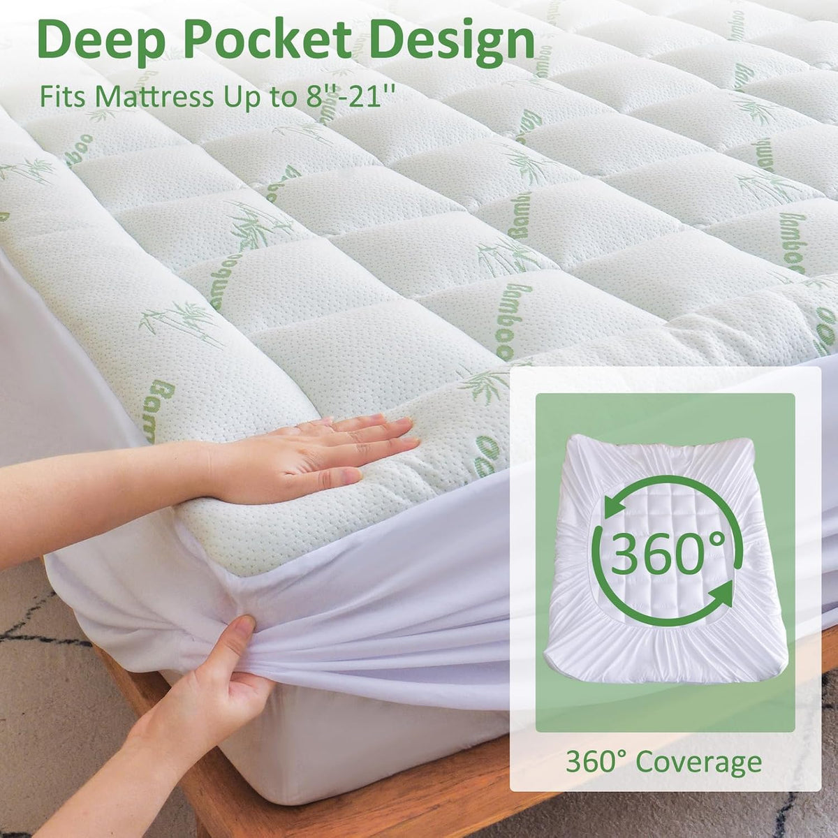 Cooling Mattress Topper Queen – Extra Soft Pillow Top Mattress Pad, Breathable Viscose Made from Bamboo Mattress Protector for Back Pain Relief, Deep Pocket Cover Fits 8–21 Inch