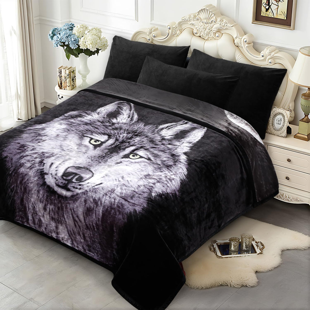 JYK Wolf Blanket Korean Style Queen Size Fleece Bed Blanket, 520GSM 2 Ply
