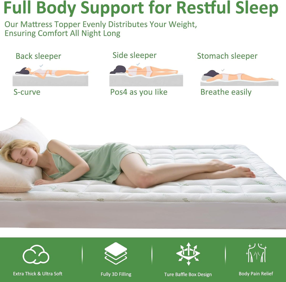 Cooling Mattress Topper Queen – Extra Soft Pillow Top Mattress Pad, Breathable Viscose Made from Bamboo Mattress Protector for Back Pain Relief, Deep Pocket Cover Fits 8–21 Inch