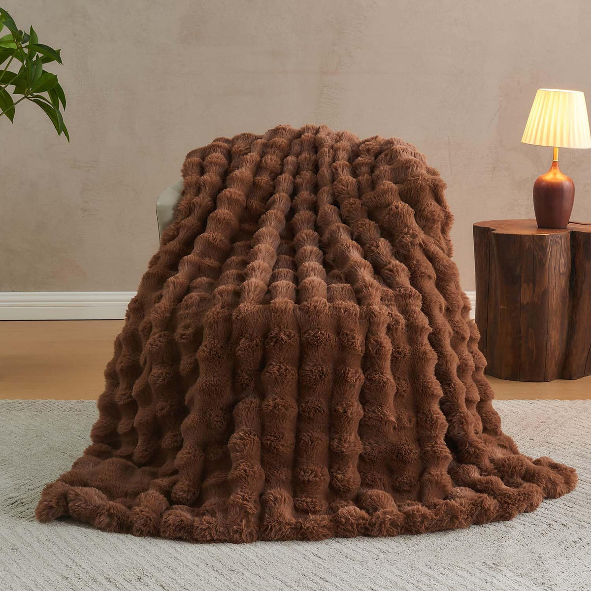 Lotus Karen Faux Fur Blanket - Cream White Twin Size, Big Bubble Rabbit Fluff, 60x80 Inches
