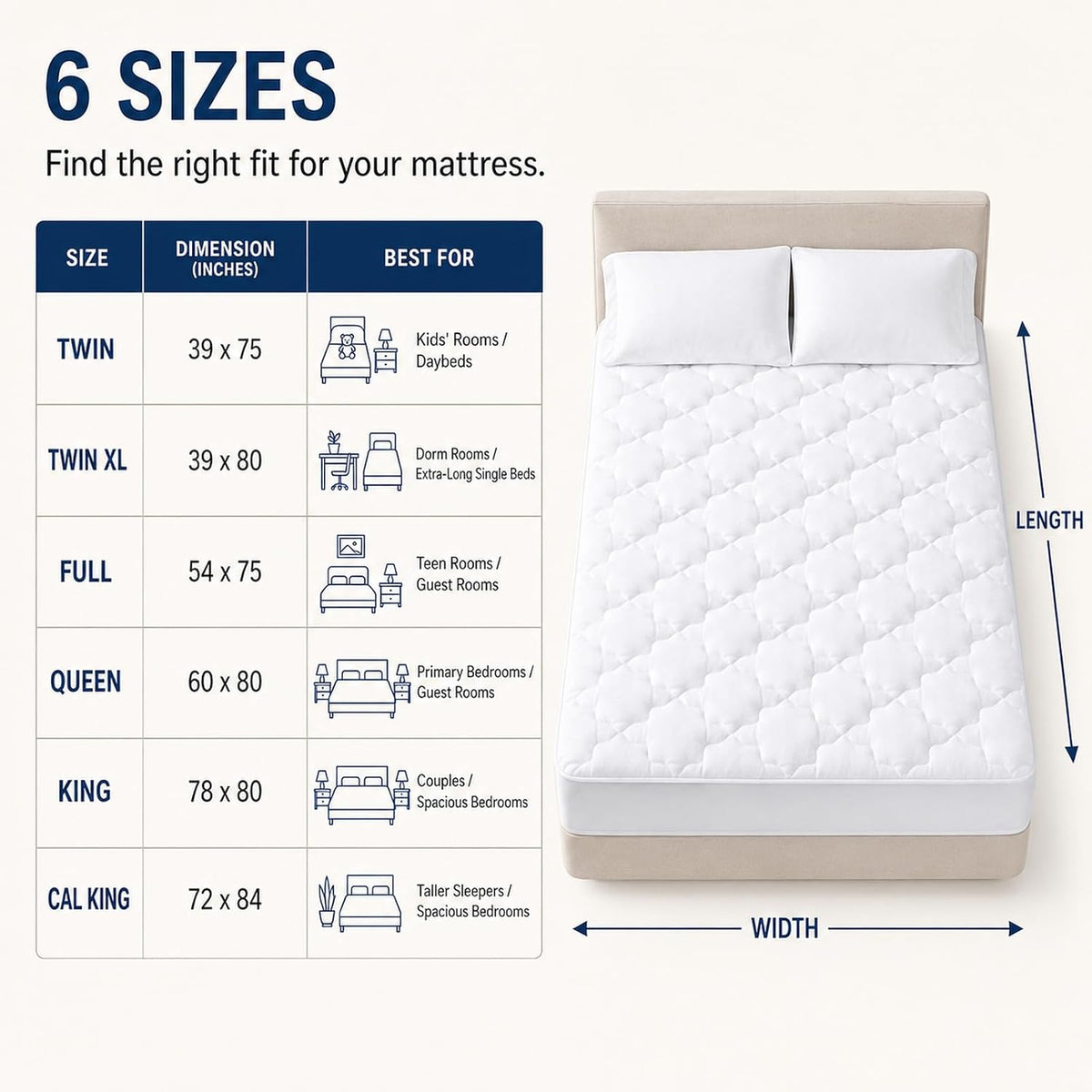CozyLux Queen Mattress Pad, Cotton Top, 450 GSM Down Alternative Fill