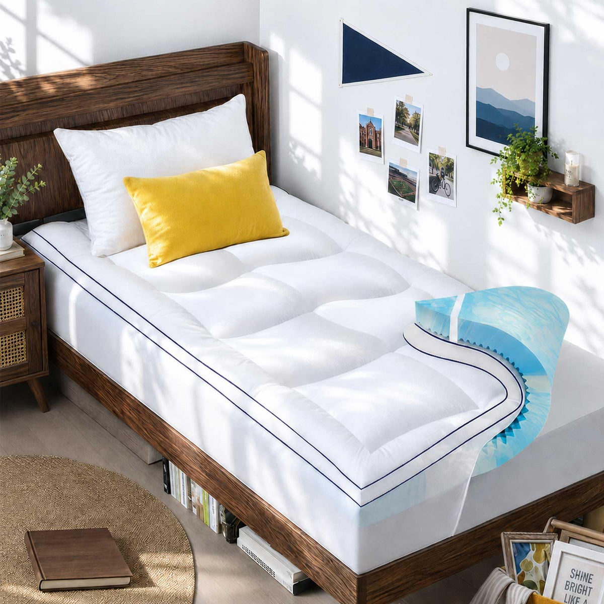 Queen Mattress Topper 4 Inch Dual Layer Cooling Memory Foam & Pillow Top
