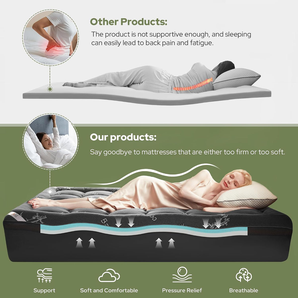 BEDLORE 4 Inch Dual Layer Memory Foam Mattress Topper Queen