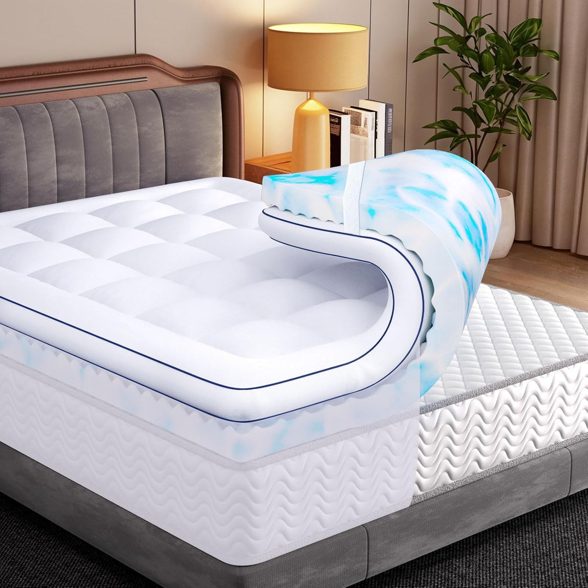King Size Dual Layer 4 Inch Memory Foam Mattress Topper, 2 Inch Cooling Gel Memory Foam and 2 Inch Soft Pillow Top Mattress Pad Cover for Back Pain Relief, with Elastic 21" Deep Pocket