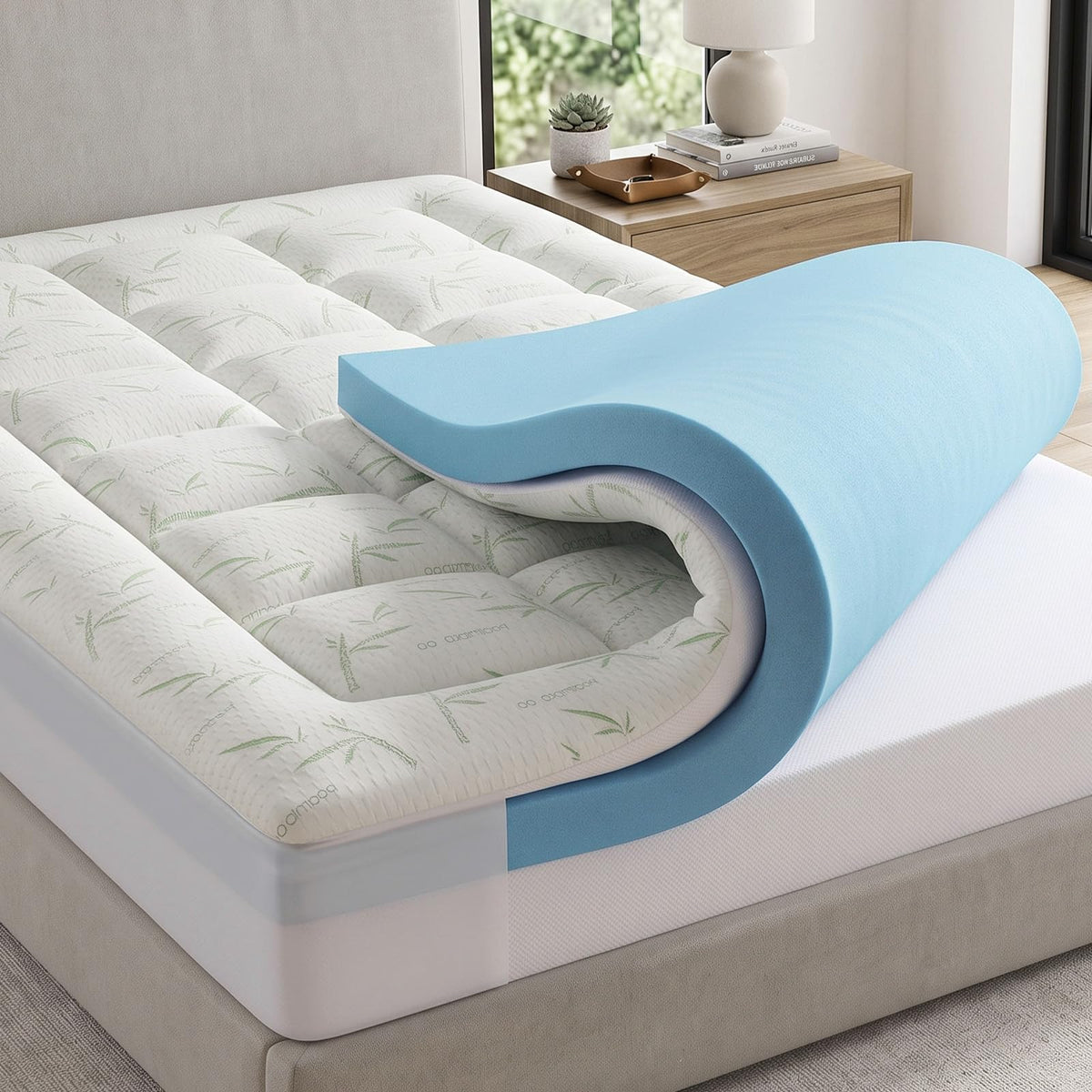 DUMOS Queen 3in Dual Layer Gel Memory Foam Bamboo Rayon Mattress Topper