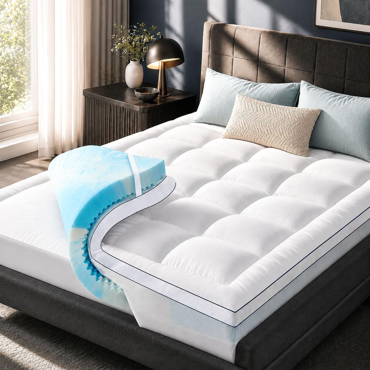 Queen Mattress Topper 4 Inch Dual Layer Cooling Memory Foam & Pillow Top