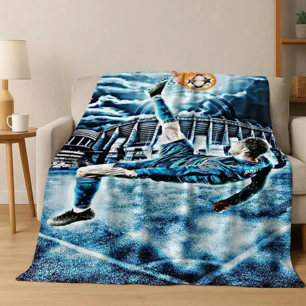 3D GOAT Ronaldo Cartoon Flannel Blanket - Polyester Fiber Throw, Cozy Warm Fluffy Soft Durable Fleece Blanket for Adults, Home & Travel Use on Sofa Bed Birthday Christmas Gift