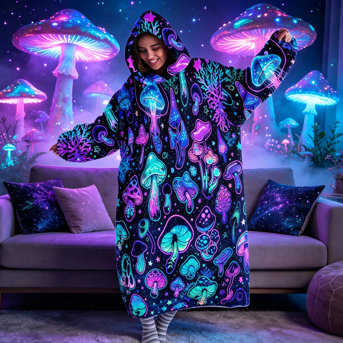 hoodie blanket，Wearable Blanket，Hooded Blanket Sweatshirt, Wearable Blanket, Winter Homewear with Hood, Unisex, Modern Mushroom Design, Perfect Gift，Christmas Gift,Valentine's Day gift