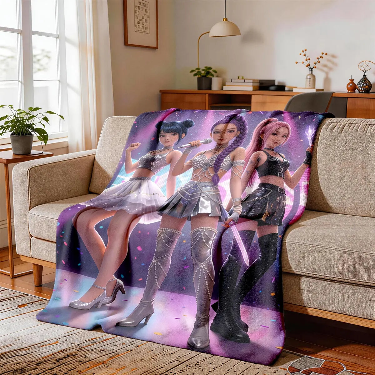 K-Pop Girl Group Illustration Flannel Blanket, Soft Blanket Throw, Large Size, Soft and Lightweight, Perfect for All Seasons, Ideal for Bed, Sofa, Office, Camping, Travel