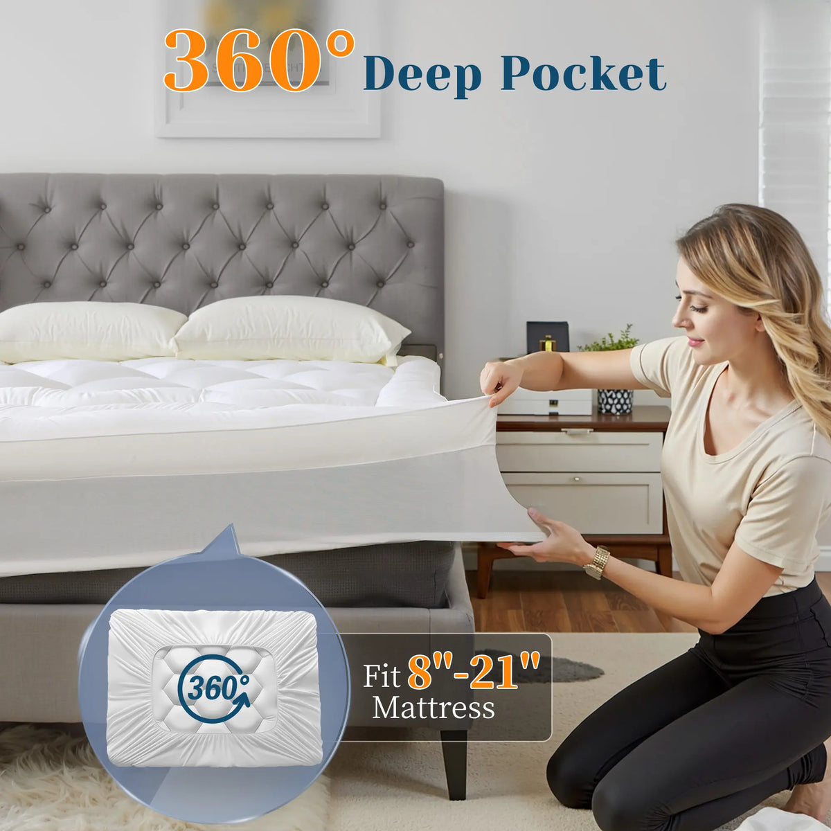 Raybee 2- 3 Inch Mattress Topper for 8-21"Deep, Ultra Soft Thick 500- 1000gsm Mattress Pads, 360° Warpped Mattress Protector Cover, Cooling Breathable Bed Topper Pad, Pressure Relief, Twin/Twin XL/Full/Queen/King, White