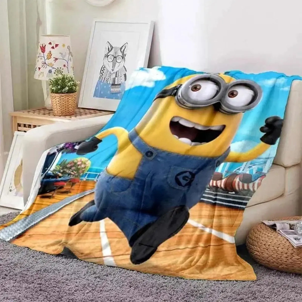 Cute Minions Printed Flannel Blanket 6 Sizes Soft Cozy Lightweight AC Throw Blanket Kids Adults Sofa Bed Bedroom Living Room Outdoor Travel Cartoon Bedding Movie Night Home Decor Gift Halloween Christmas Birthday Viral Blanket