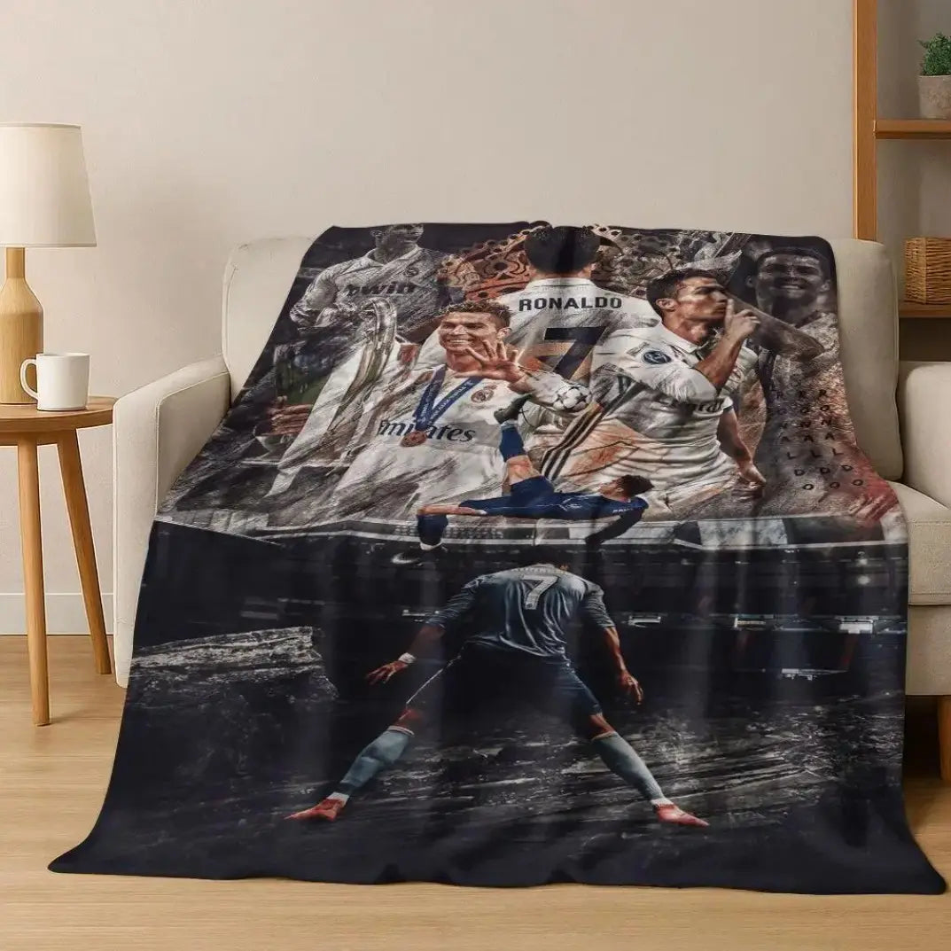 3D GOAT Ronaldo Cartoon Flannel Blanket - Polyester Fiber Throw, Cozy Warm Fluffy Soft Durable Fleece Blanket for Adults, Home & Travel Use on Sofa Bed Birthday Christmas Gift