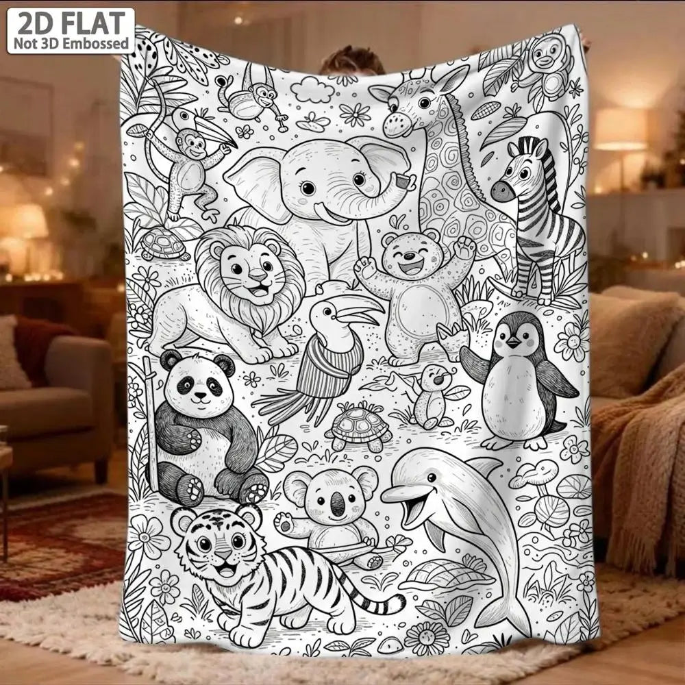 （No markers included）Flannel Throw Blanket with 2D Flat Jungle-Ocean Animal Line Art - Wrinkle Resistant, Anti-Pill, Fluffy, Machine-Washable All-Season Accent Blanket for Sofa, Nap, Child Gift, Throw Blankets, Flannel Fabric